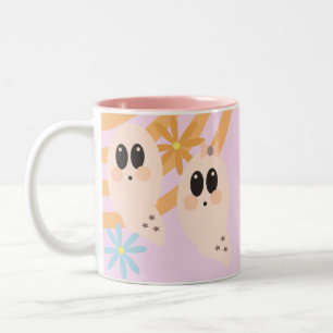 Cute Ghost Ghoul Retro Halloween Groovy Floral Two-Tone Coffee Mug