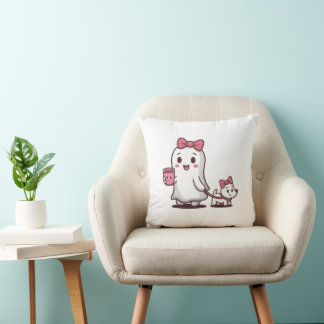 Cute Ghost Girl Kids Halloween Outfit with Puppy Cushion