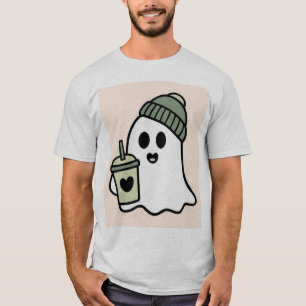Cute Ghost Green Beanie Iced Coffee Minimalist Fal T-Shirt