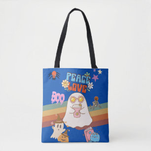 Cute Ghost Groovy Style Peace&Love Blue Tote Bag