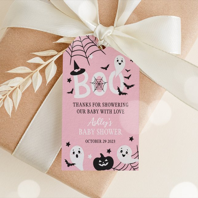 Cute Ghost Halloween Baby Shower Favour Tag Pink (pink Halloween baby shower tags)