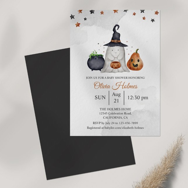 Cute Ghost Halloween Baby Shower Invitation (Halloween Baby Shower Invitation on grey table.)
