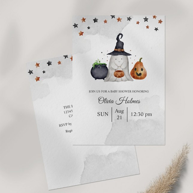 Cute Ghost Halloween Baby Shower Invitation (Halloween Baby Shower Invitation on gray table.)