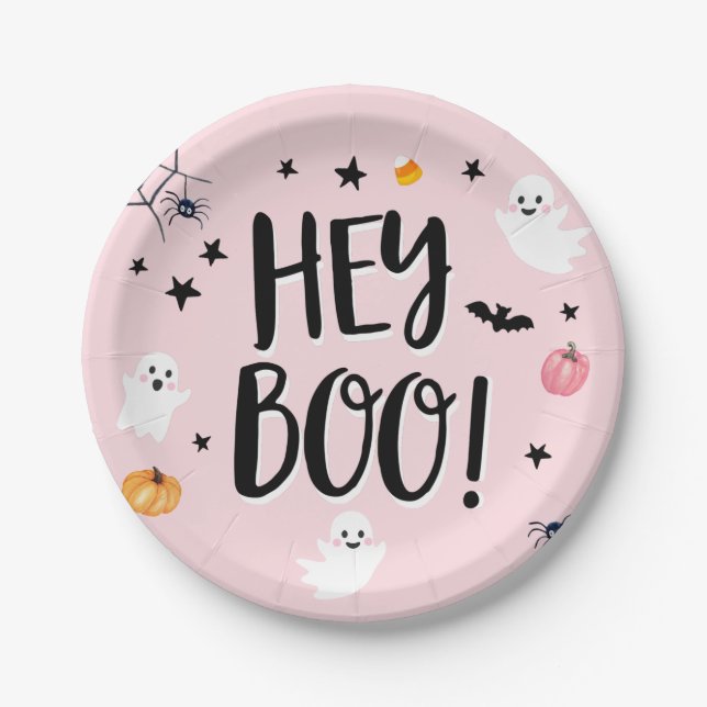 Cute Ghost Halloween Birthday Party Girl Pink Paper Plate (Front)