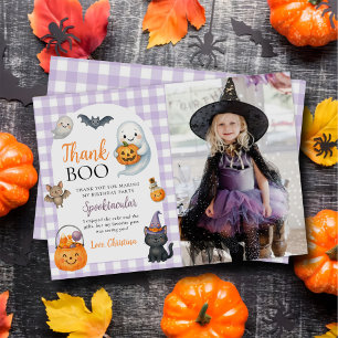 Cute Ghost Halloween Birthday Party Photo Thank You Card