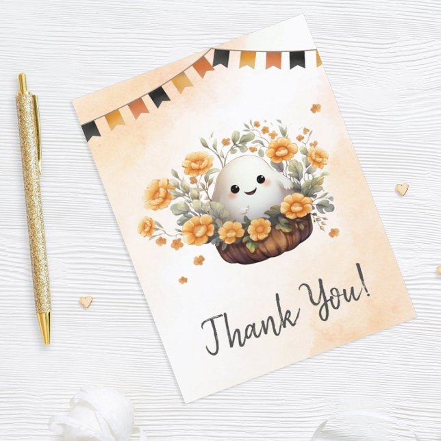 Cute Ghost Halloween Birthday Thank You Card (Add a touch of cuteness to your Halloween birthday celebration with this adorable ghost design.)
