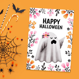 Cute Ghost Halloween Card with Pastel Florals