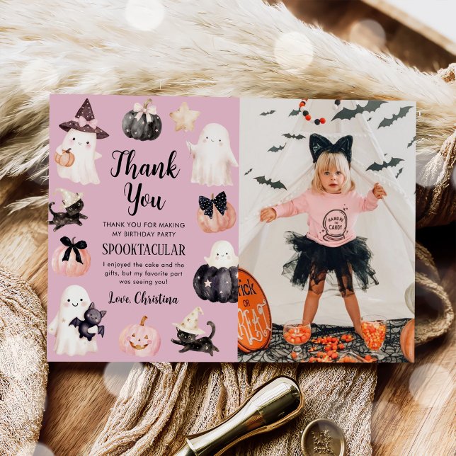 Cute Ghost Halloween Girl Birthday Party Photo Thank You Card (Creator Uploaded)