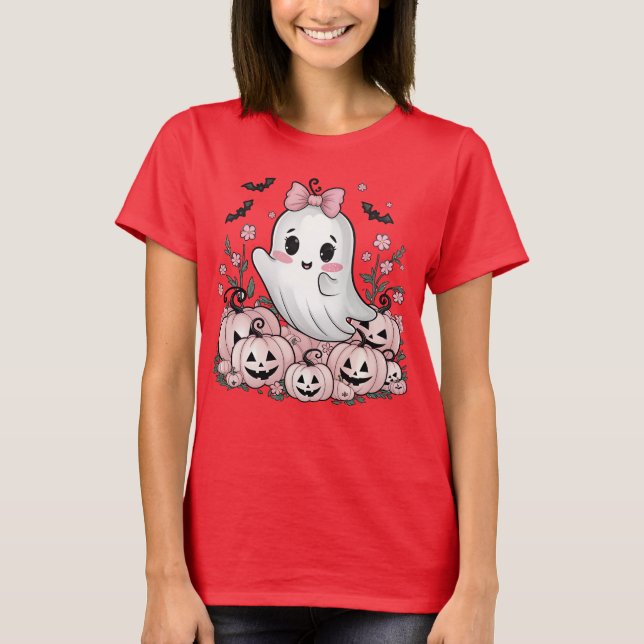 Cute Ghost Halloween Kawaii Pumpkin & Bat Design T-Shirt (Front)