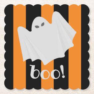 Cute Ghost Halloween Orange and Black Stripes Boo! Paper Coaster