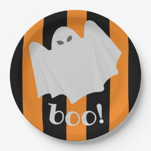 Cute Ghost Halloween Orange and Black Stripes Boo! Paper Plate