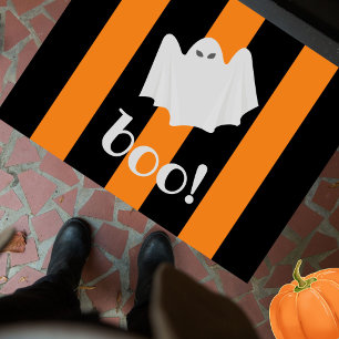 Cute Ghost Halloween Orange and Black Stripes Doormat