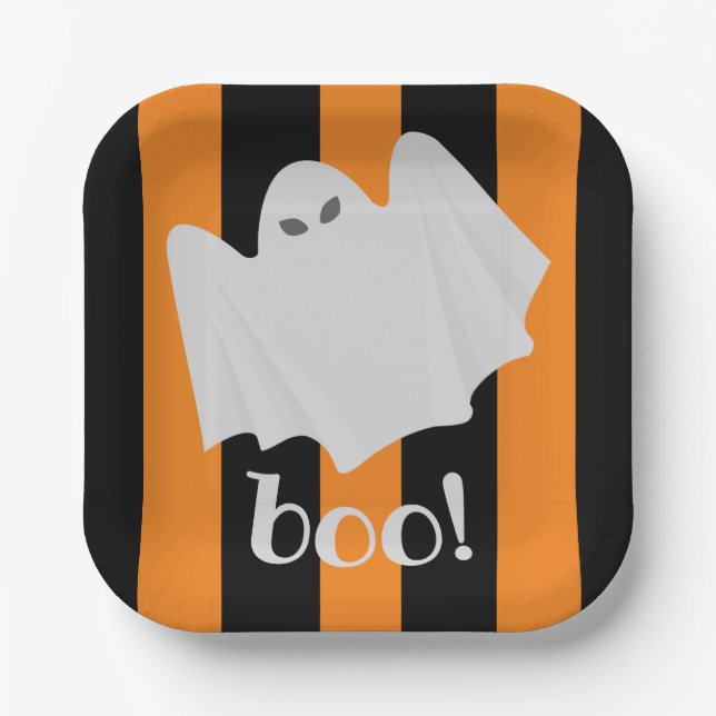 Cute Ghost Halloween Orange and Black Stripes  Paper Plate (Front)