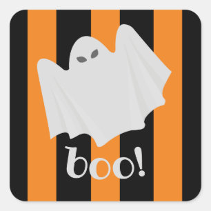 Cute Ghost Halloween Orange and Black Stripes Square Sticker