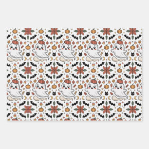 Cute Ghost Halloween Pumpkin Floral Pattern Wrapping Paper Sheet