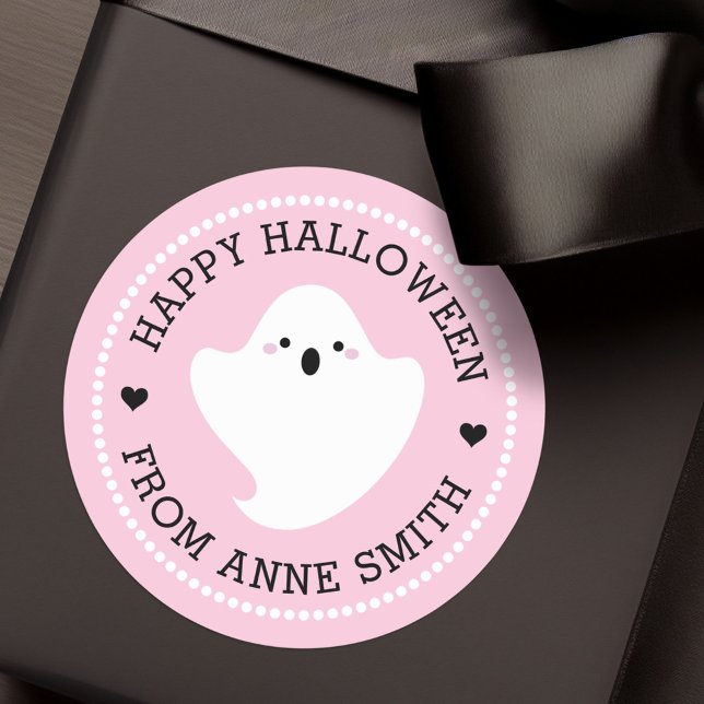 Cute ghost Happy Halloween from custom name pink Classic Round Sticker (Cute ghost Happy Halloween from custom name pink Classic Round Sticker)