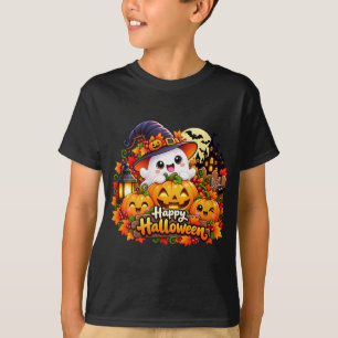 Cute Ghost Happy Halloween Pumpkin Witch Sticker T-Shirt