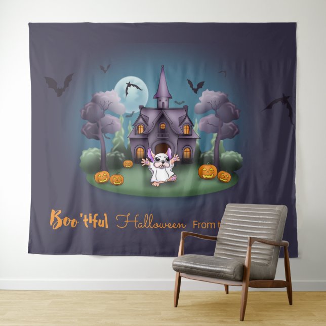 Cute ghost Haunted House Backdrop Halloween Tapestry (In Situ (Horizontal))