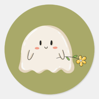 Cute Ghost Holding a Yellow Flower Classic Round Sticker