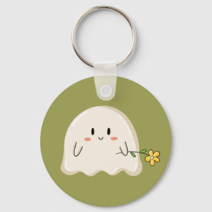 Cute Ghost Holding a Yellow Flower Key Ring