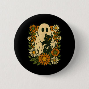 Cute Ghost Holding Black Cat Groovy Floral Funny 6 Cm Round Badge