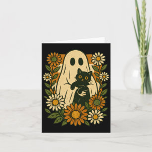 Cute Ghost Holding Black Cat Groovy Floral Funny Card