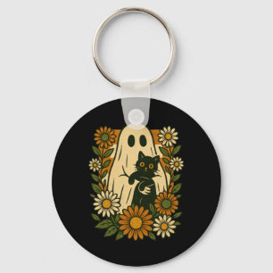 Cute Ghost Holding Black Cat Groovy Floral Funny Key Ring