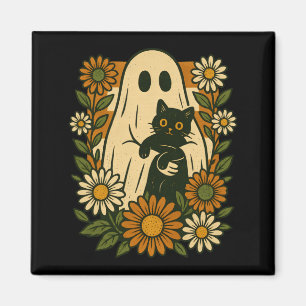 Cute Ghost Holding Black Cat Groovy Floral Funny Magnet