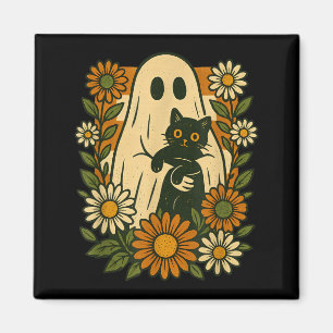 Cute Ghost Holding Black Cat Groovy Floral Funny Magnet