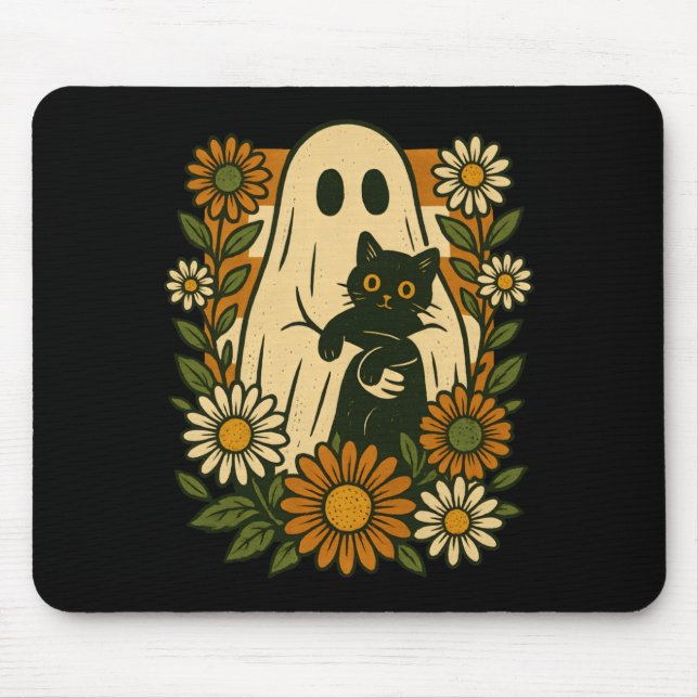 Cute Ghost Holding Black Cat Groovy Floral Funny Mouse Pad (Front)