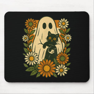 Cute Ghost Holding Black Cat Groovy Floral Funny Mouse Pad
