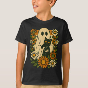 Cute Ghost Holding Black Cat Groovy Floral Funny T-Shirt
