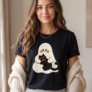 Cute Ghost Holding Black Cat Halloween T-Shirt