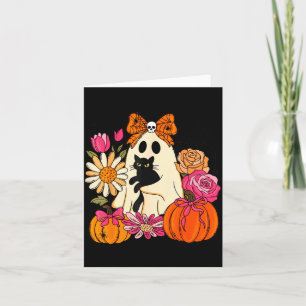 Cute Ghost Holding Black Cat Pumpkin Floral Card
