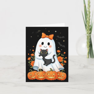 Cute Ghost Holding Black Cat Pumpkins Autumn Card