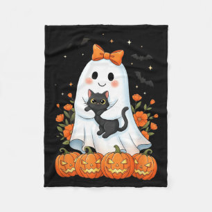 Cute Ghost Holding Black Cat Pumpkins Autumn Fleece Blanket