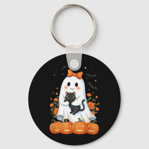 Cute Ghost Holding Black Cat Pumpkins Autumn Key Ring