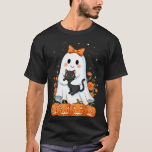 Cute Ghost Holding Black Cat Pumpkins Autumn T-Shirt
