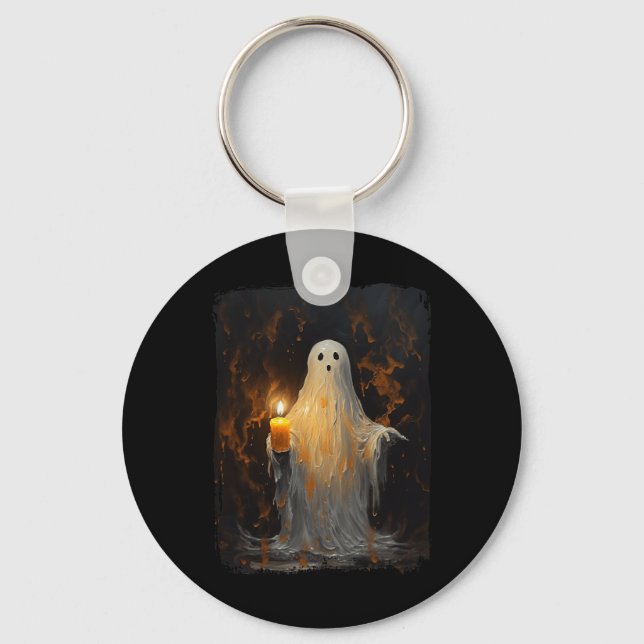 Cute Ghost Holding Candle Fun Halloween Gothic Vin Key Ring (Front)