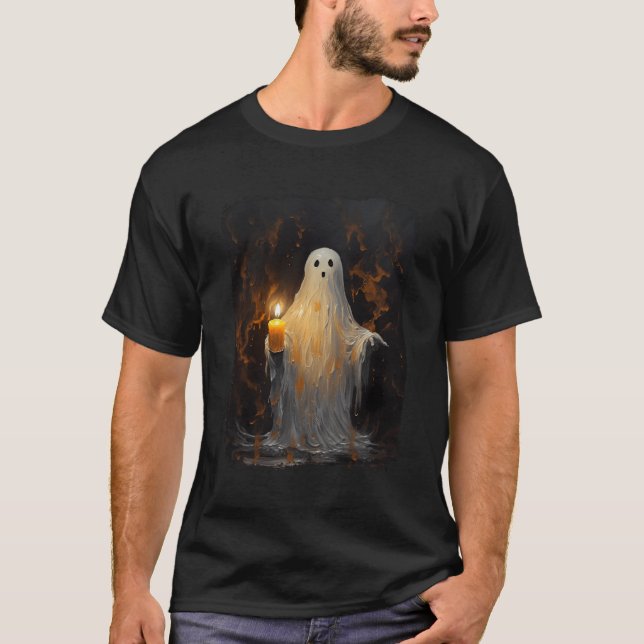 Cute Ghost Holding Candle Funny Halloween Gothic V T-Shirt (Front)