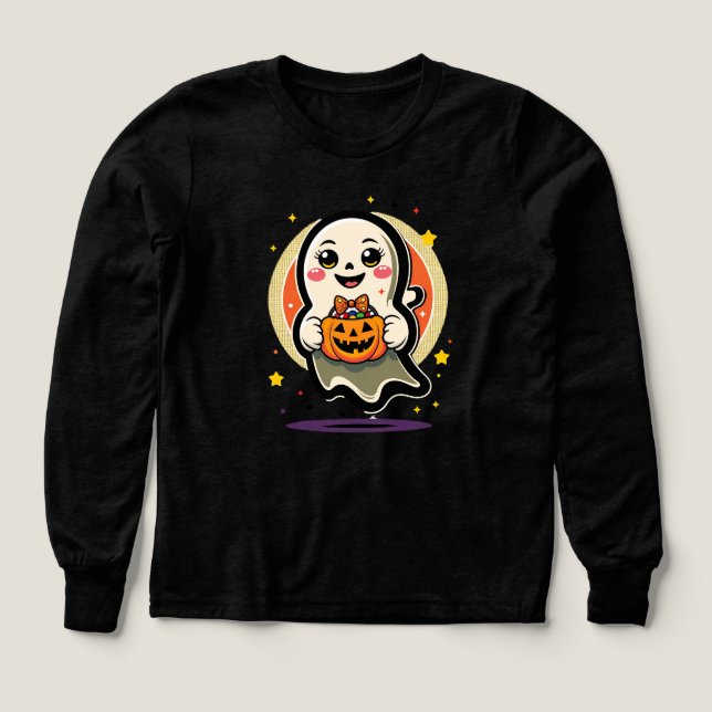 Cute Ghost Holding Pumpkin Candy Bucket Retro Hall (Design Front)