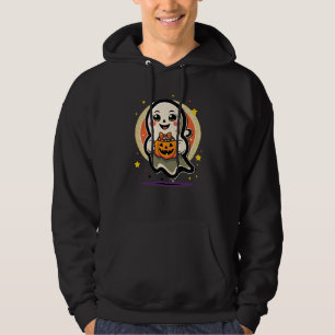 Cute Ghost Holding Pumpkin Candy Bucket Retro Hall Hoodie