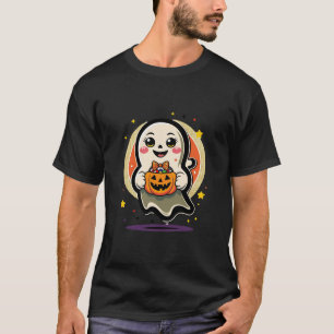 Cute Ghost Holding Pumpkin Candy Bucket Retro Hall T-Shirt