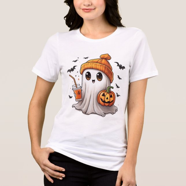 Cute Ghost Holding Pumpkin Halloween T-Shirt – Ado Tri-Blend Shirt (Front)