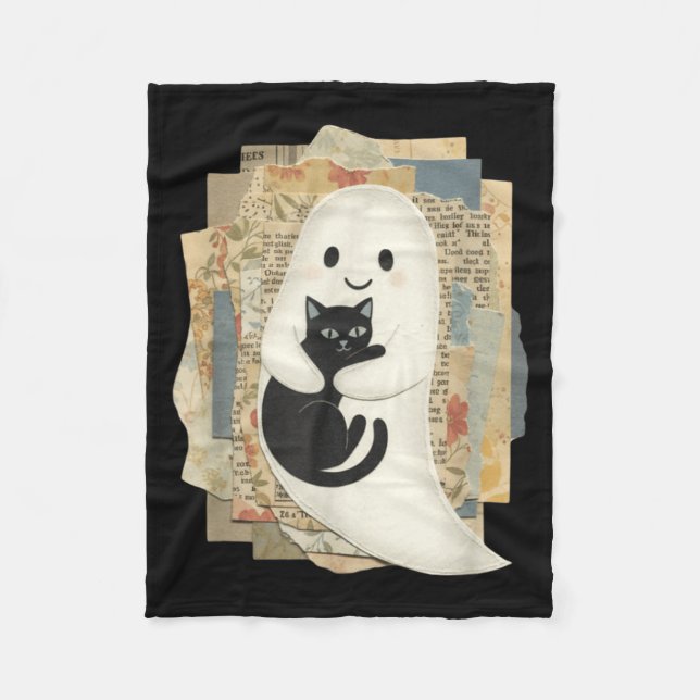 Cute Ghost Hugging Black Cat Halloween Fleece Blanket (Front)