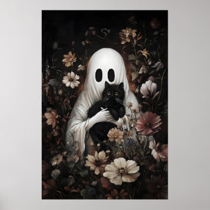 Cute ghost hugs black cat print, digital Halloween Poster