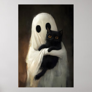 Cute Ghost Hugs Black Cat Print, Digital Halloween Poster