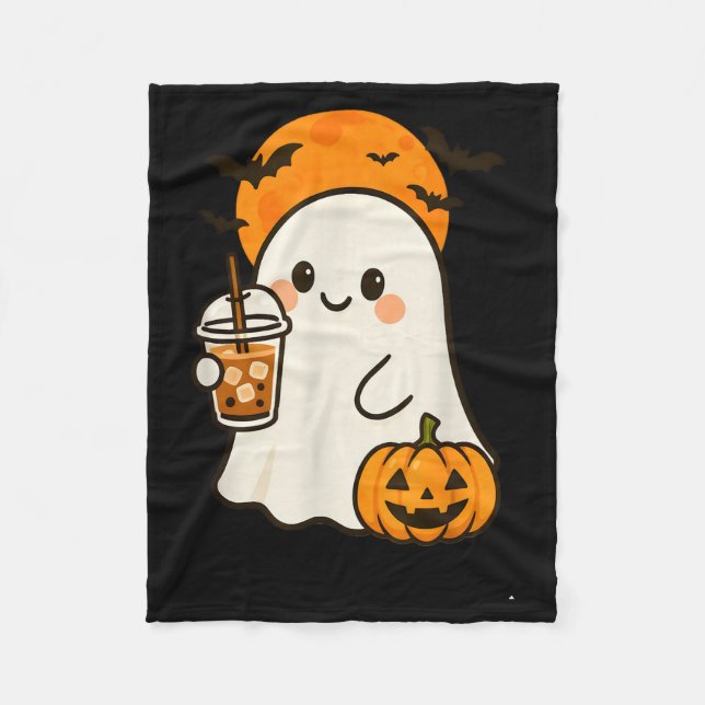 Cute Ghost Iced Coffee And Pumpkin For Halloween C Fleece Blanket (Front)