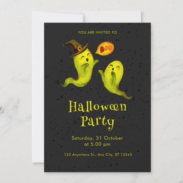 Cute Ghost Illustrative Boo Black Halloween Party  Invitation (Front)