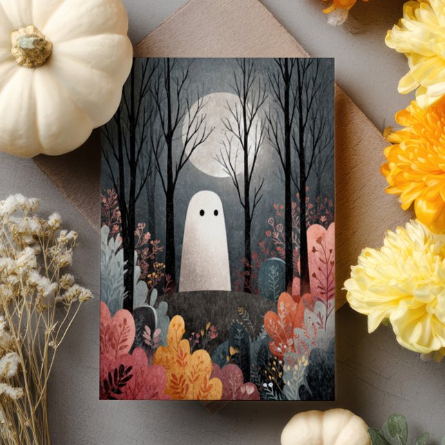 Cute Ghost in Haunted Forest Watercolor Halloween Card (Creator Uploaded)